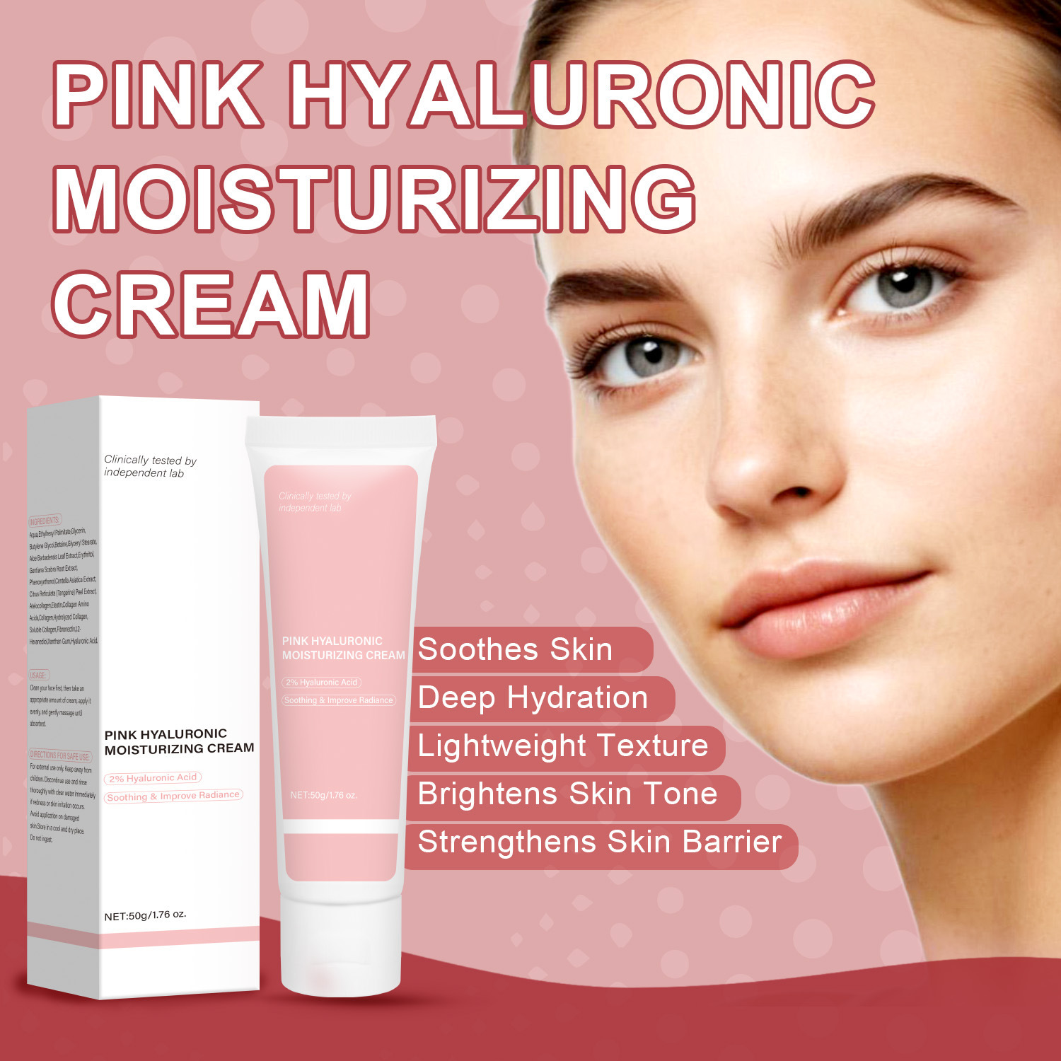 Pink Hyaluronic Acid Moisturizing Cream Deep Hydration Plumping Skin Softening Daily Face Nourishing Treatment 50g