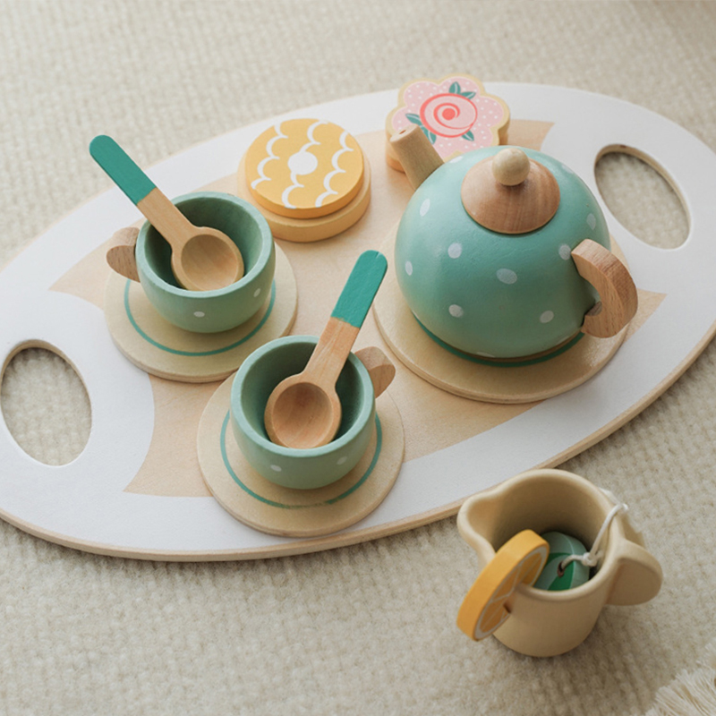 (B) Wooden Afternoon Tea Set Toy Pretend Play Food Learning Role Play Game Early Educational Toys for Toddlers Girls Boys Kids Gifts