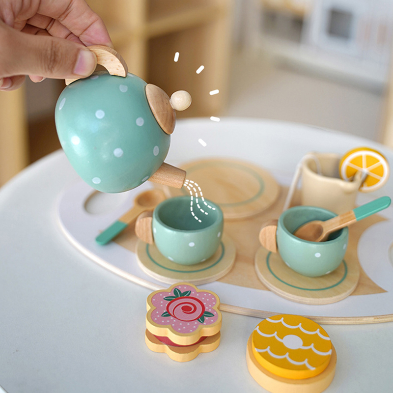 (B) Wooden Afternoon Tea Set Toy Pretend Play Food Learning Role Play Game Early Educational Toys for Toddlers Girls Boys Kids Gifts