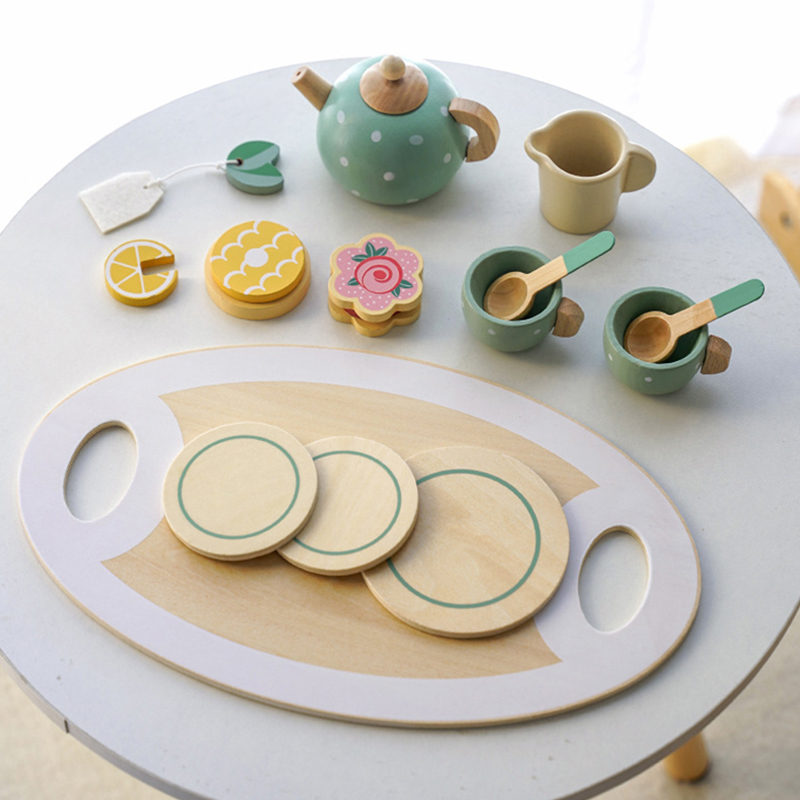 (B) Wooden Afternoon Tea Set Toy Pretend Play Food Learning Role Play Game Early Educational Toys for Toddlers Girls Boys Kids Gifts