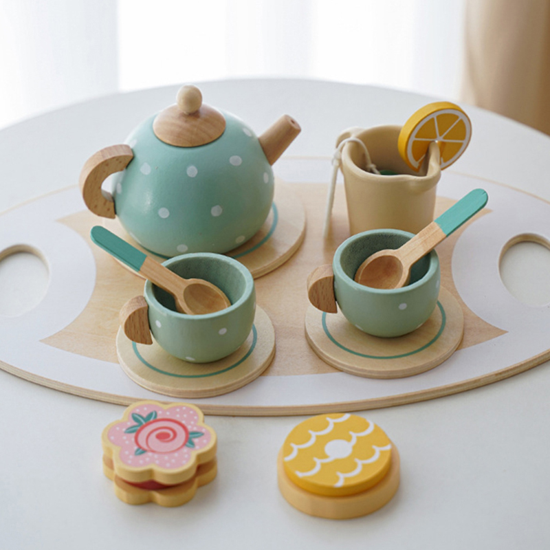 (B) Wooden Afternoon Tea Set Toy Pretend Play Food Learning Role Play Game Early Educational Toys for Toddlers Girls Boys Kids Gifts