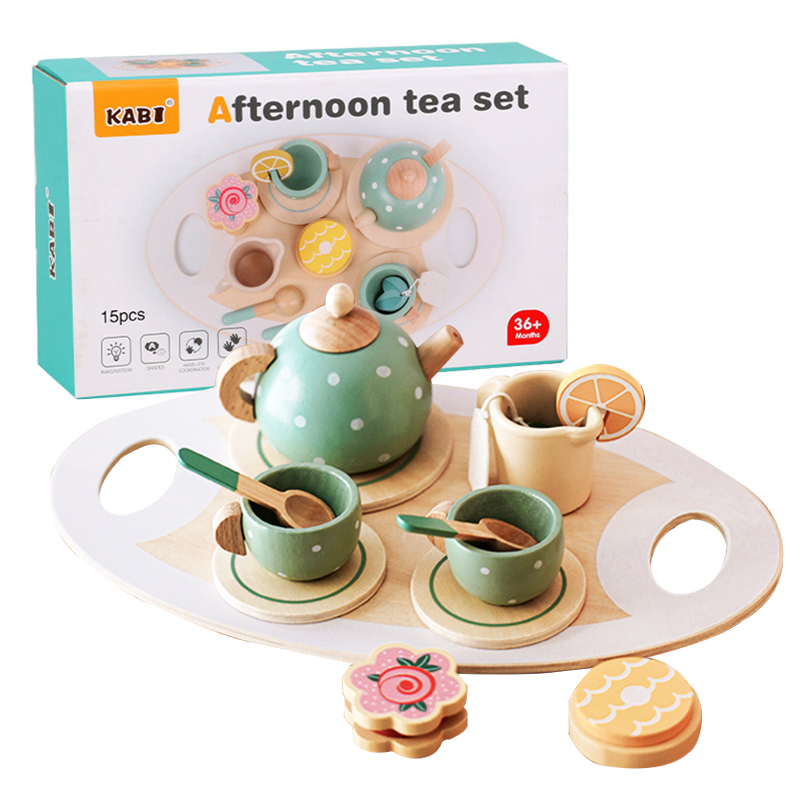 (B) Wooden Afternoon Tea Set Toy Pretend Play Food Learning Role Play Game Early Educational Toys for Toddlers Girls Boys Kids Gifts