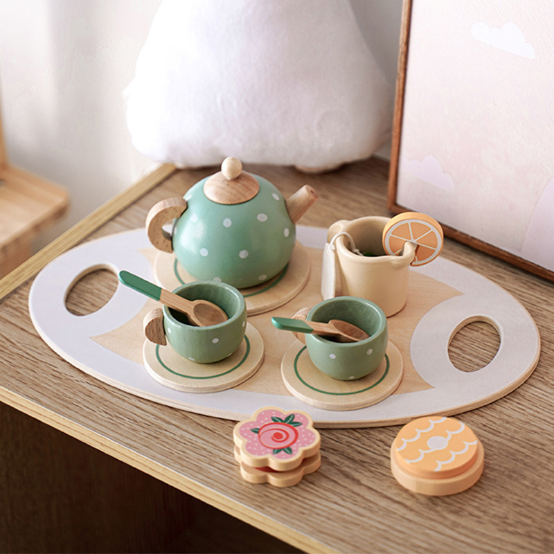(B) Wooden Afternoon Tea Set Toy Pretend Play Food Learning Role Play Game Early Educational Toys for Toddlers Girls Boys Kids Gifts