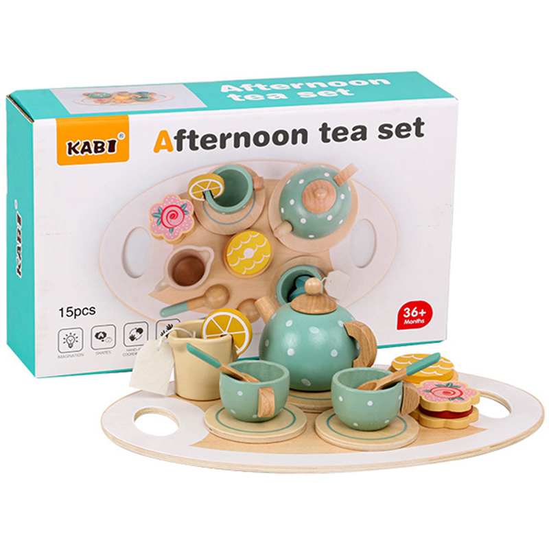 (B) Wooden Afternoon Tea Set Toy Pretend Play Food Learning Role Play Game Early Educational Toys for Toddlers Girls Boys Kids Gifts