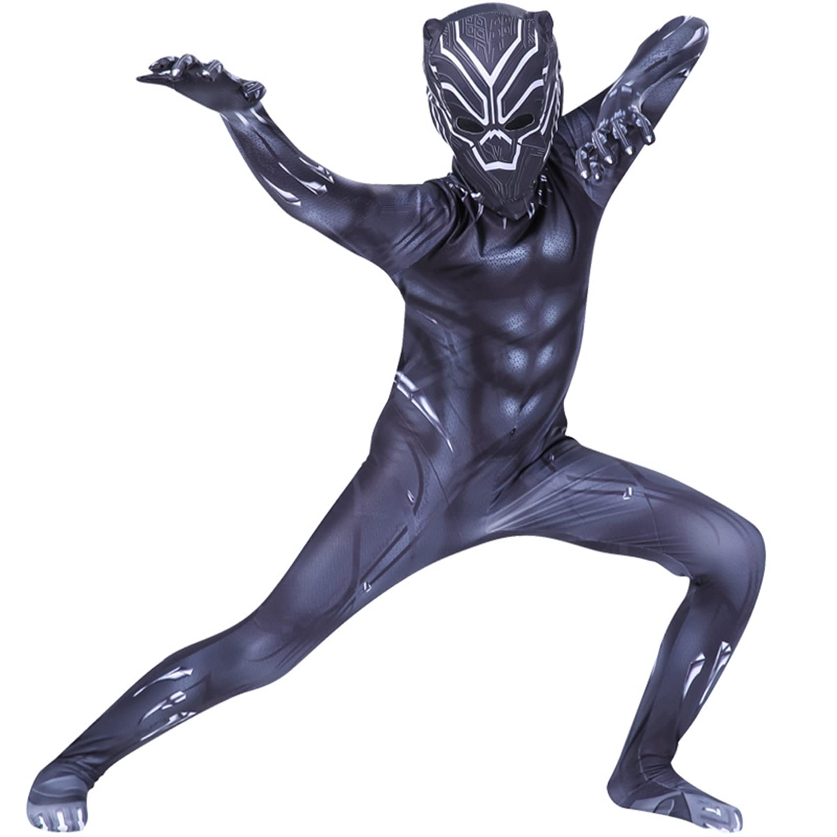 (7~8 Years) Black Panther Jumpsuit Kids Cosplay Costume Superheros Bodysuit Fancy Dress Outfits Anime Movie Roleplay Onesies for World Book Day
