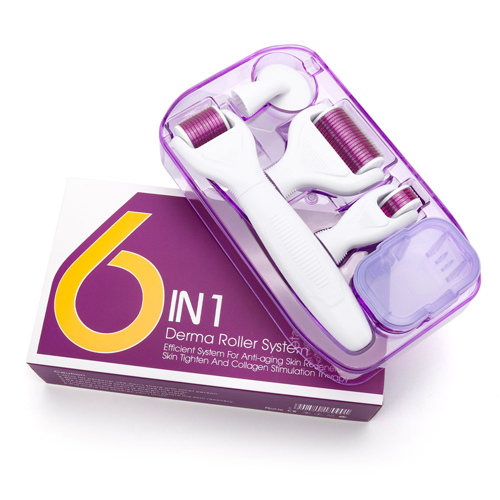 (Purple) Derma Roller DRS 6 in 1 Tool Set Titanium Roller Micro Needles Microdermabrasion Facial Rollor Microneedle Kits for Skin Care Skin Regeneration