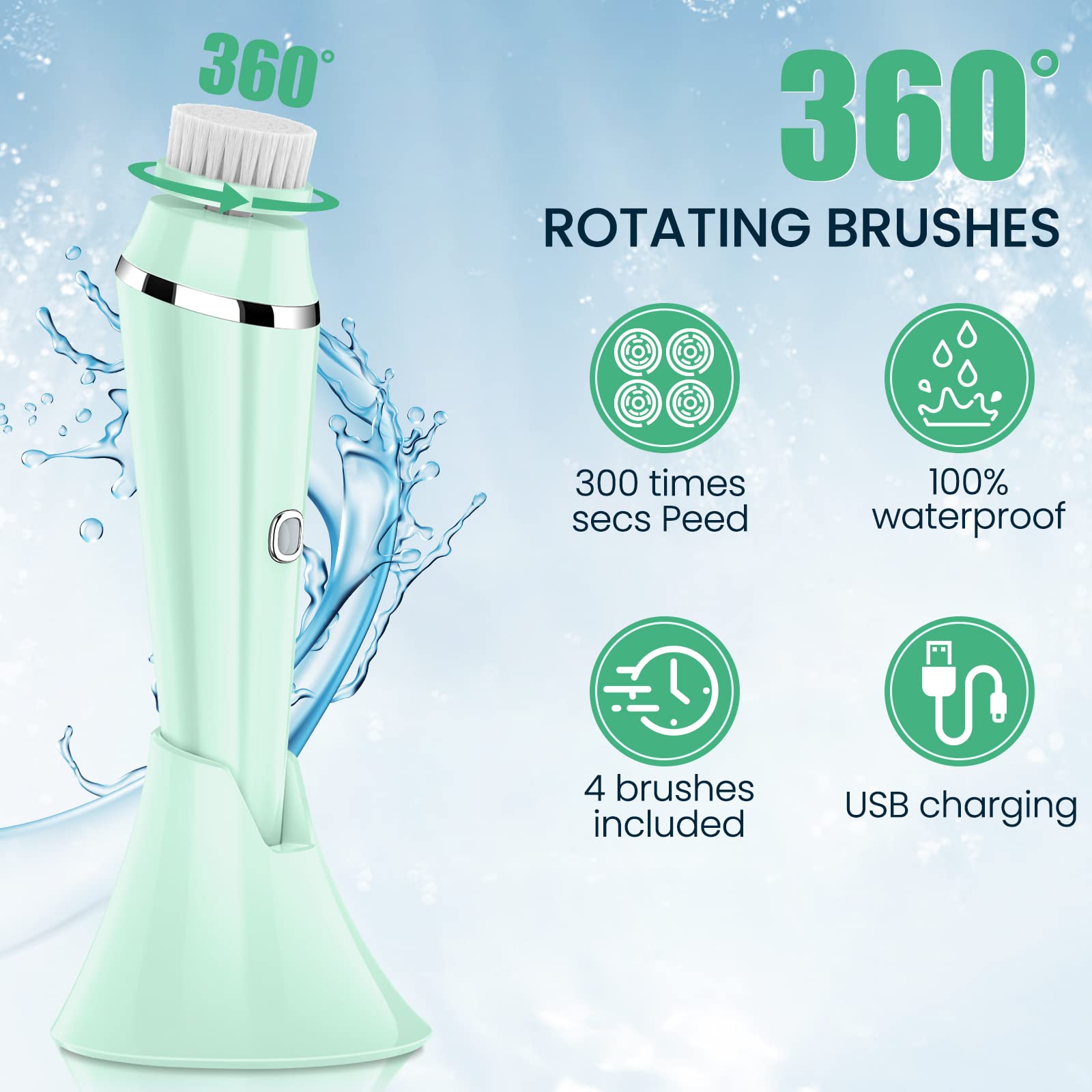 (Pink) Facial Cleansing Brush 4 in 1 Electric Face Spin Brush for Cleaning Exfoliating Massaging with 4 Replacement Heads