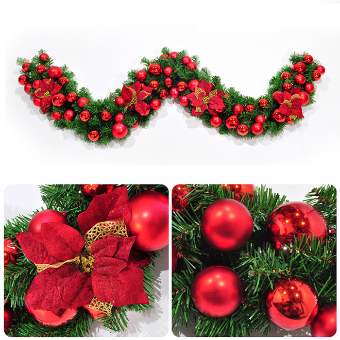 (Gold with Light) 9FT Pre Lit Christmas Garland LED Lights Wreath Xmas Decorations Ornaments Christmas Balls Wreath Christmas Wreaths Garlands and Plants