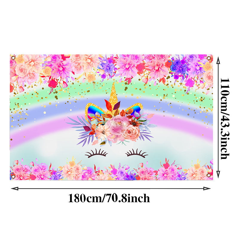 Flower Unicorn Happy Birthday Party Decorations for Girls Watercolor Floral Glitter Cake Table Banner Supplies Studio Props
