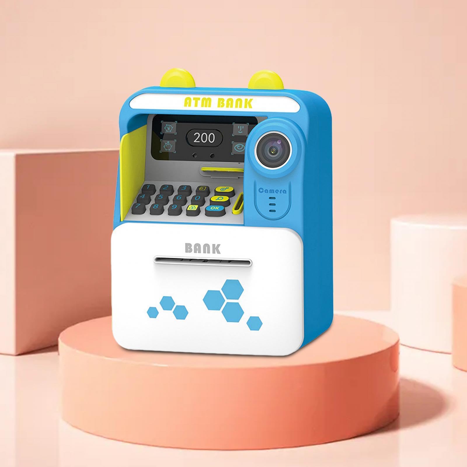 (Blue) Electronic ATM Saving Machine Automatic Scroll ATM for Kids Piggy Bank with Face Recognition Festival