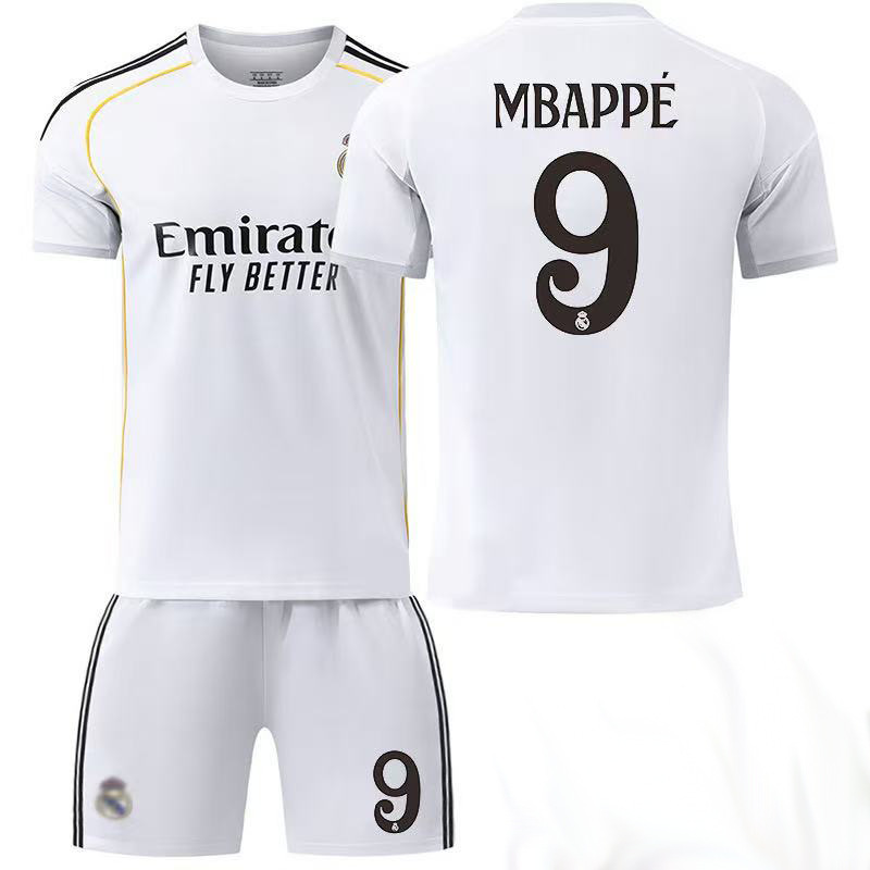 (2~3 Years) 2526 Real Madrid Home No 9 Mbappe Kids Football Jersey Football Suit Soccer Jersey Shorts Set Football Kits Fans Gifts