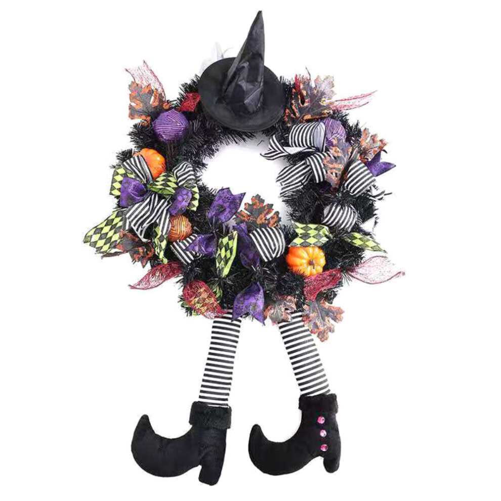 Halloween Front Door Wreath with Hat Witches Legs Pumpkin Hanging for Front Door Porch Window Indoor Outdoor Party Decoration 24 Inchs