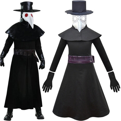 (Black, 11-12Years) Kids Plague Doctor Mask Gloves Hat Halloween Cosplay Costume Fancy D
