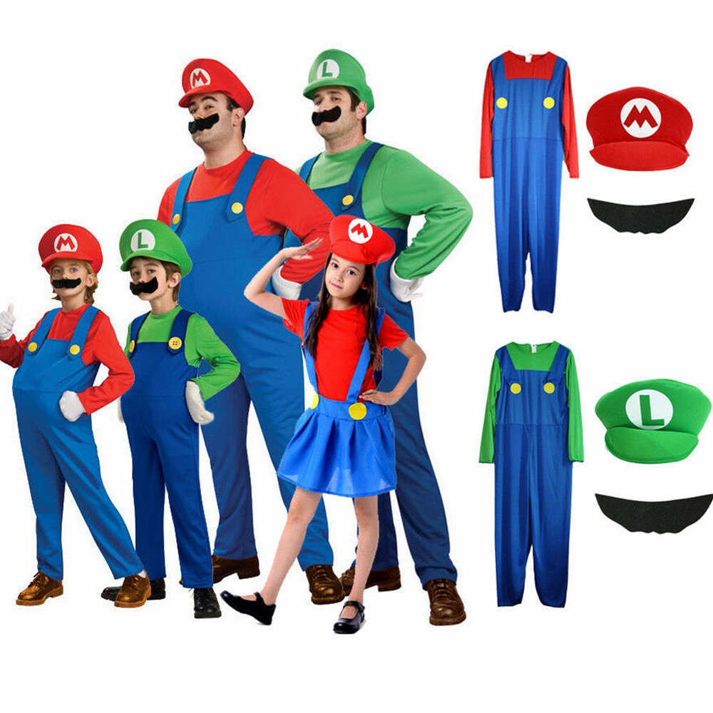 (Kids Red 5~6 Years) Super Mario Costume Halloween Cosplay Jumpsuit Bodysuit Fancy Dress Childrens Carnival Party Cosplay Outfits Kids Cap Pants Beard Sets