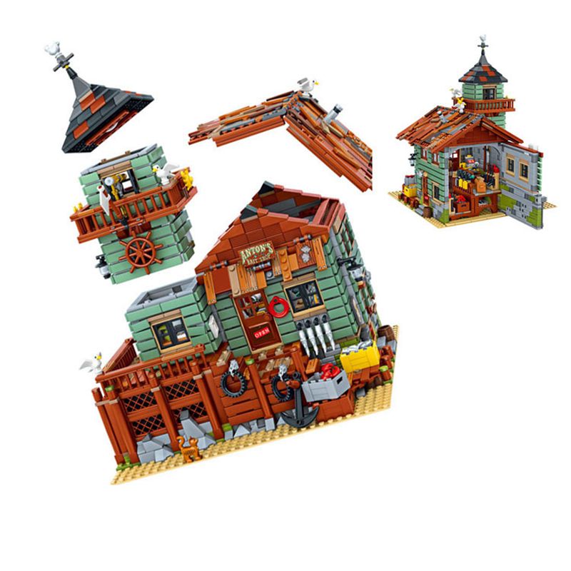 Old Fishing Store Wharf Fisherman Cabin Mini Size Building Blocks Idea Street View Wooden House Bricks Toys For Kids