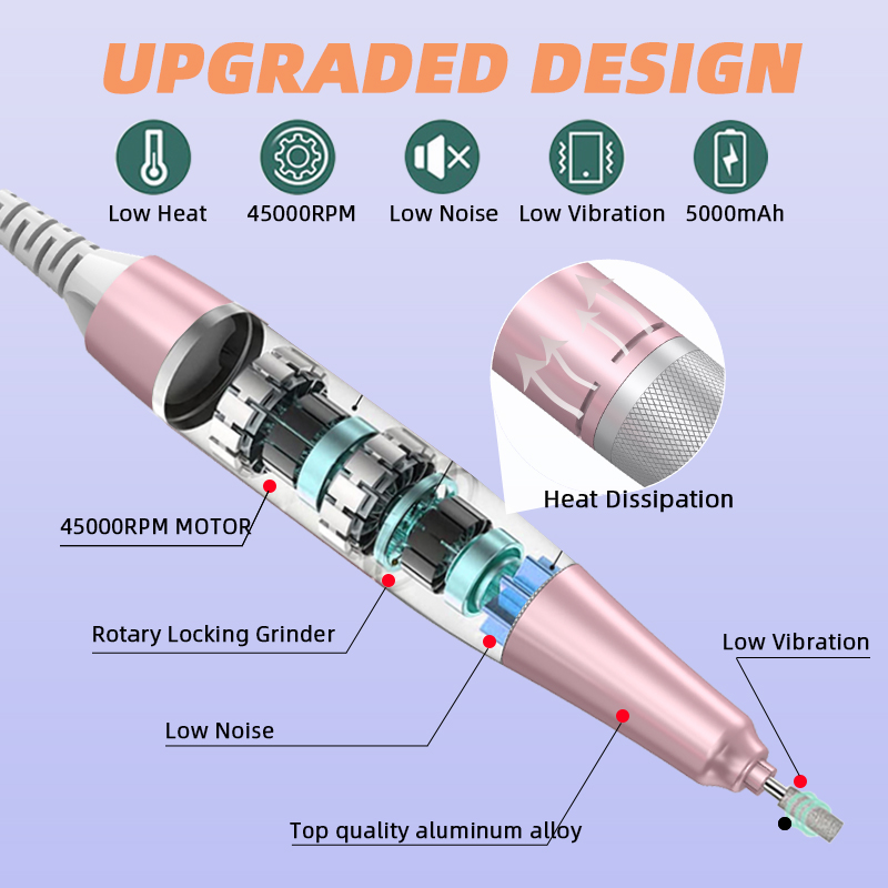 (Pink) Nail Drill Machine Portable Nail Drill Professional Electric Manicure Pedicure Nail Sander Tool for Acrylic Gel Nails Rechargeable for Home Nail Salon