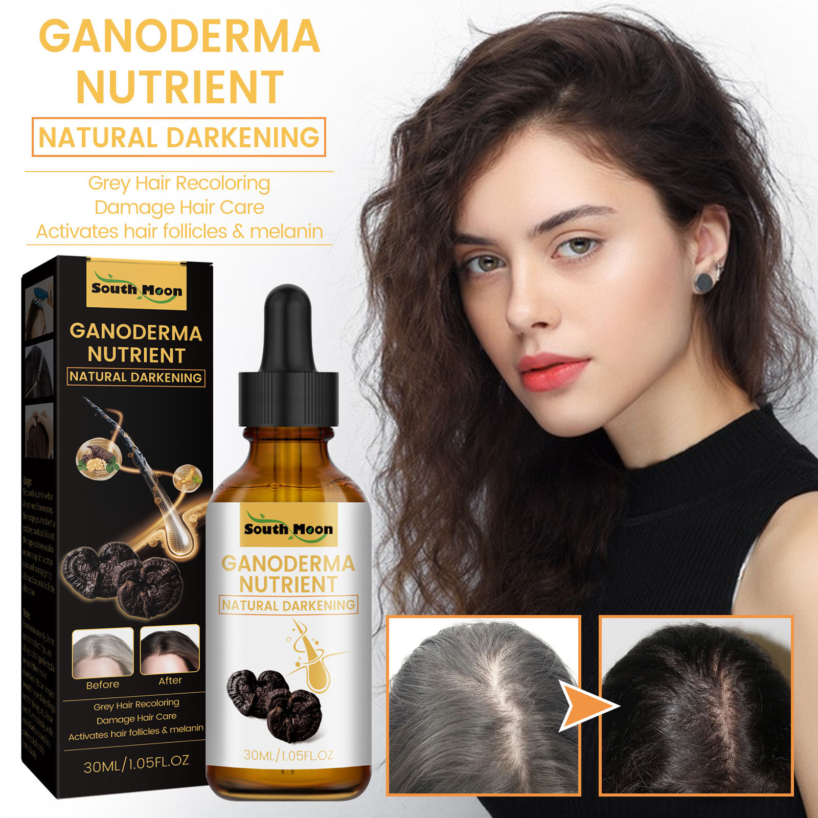 Anti-Greying Hair Serum Hair Care Serum Anti Grey Hair Supplements Ganoderma Nutrient Natural Darkening Promotes Healthier and Thicker Hair 30ml