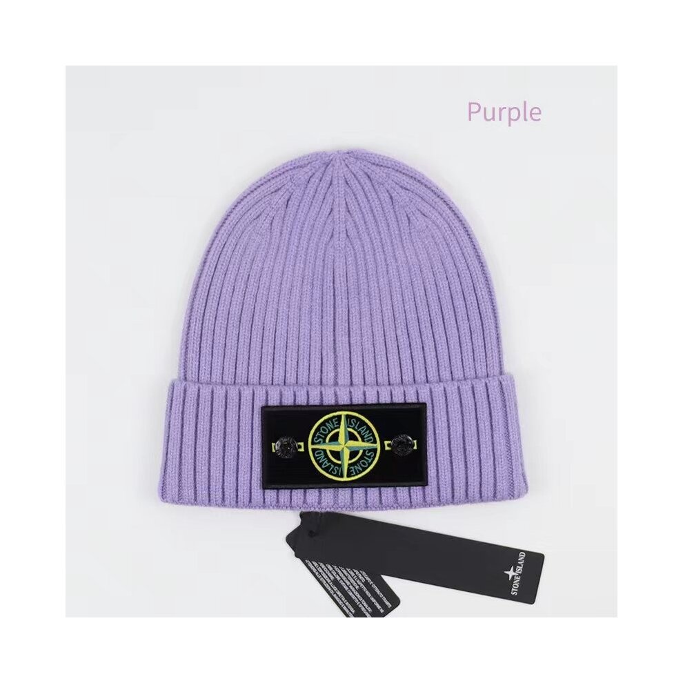 (Black) Stone Island Hat Warm Thick Cap Cuffed Knit Stretch Beanie Hat