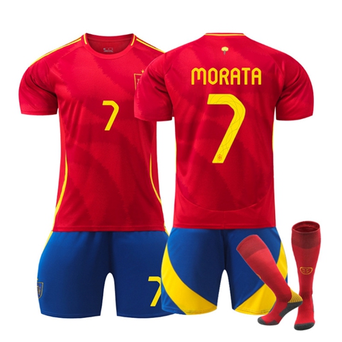 Football Shirts Spain Home Football Kit UEFA Euro 2024 with Number 7 Morata Soccer Jersey Tracksuit Football Kit for Kids Tshirt Shorts Socks