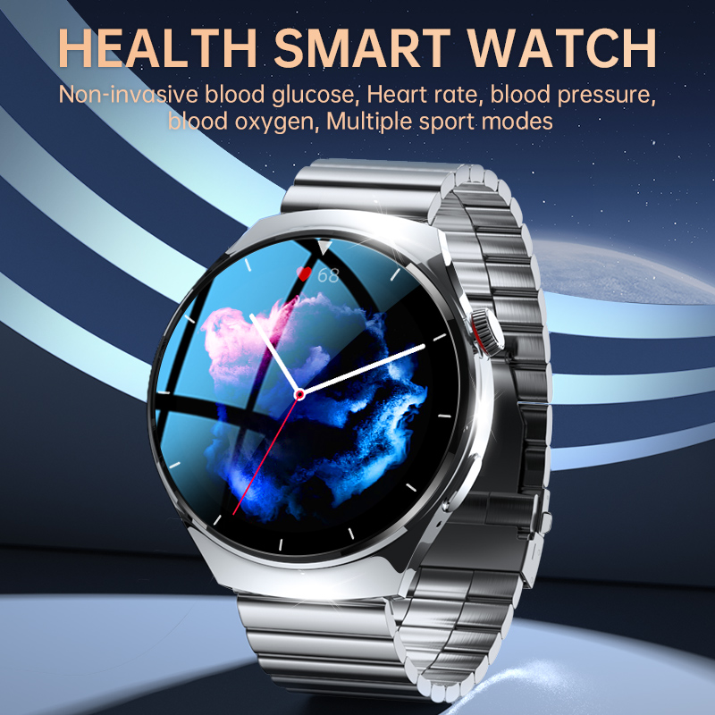 (Black Silicone) Bluetooth Calling Smart Watch 1.39 Inches HD Round Screen Steel Strap Waterproof Blood Oxygen Glucose Pressure Health Monitoring Men Smartwatch