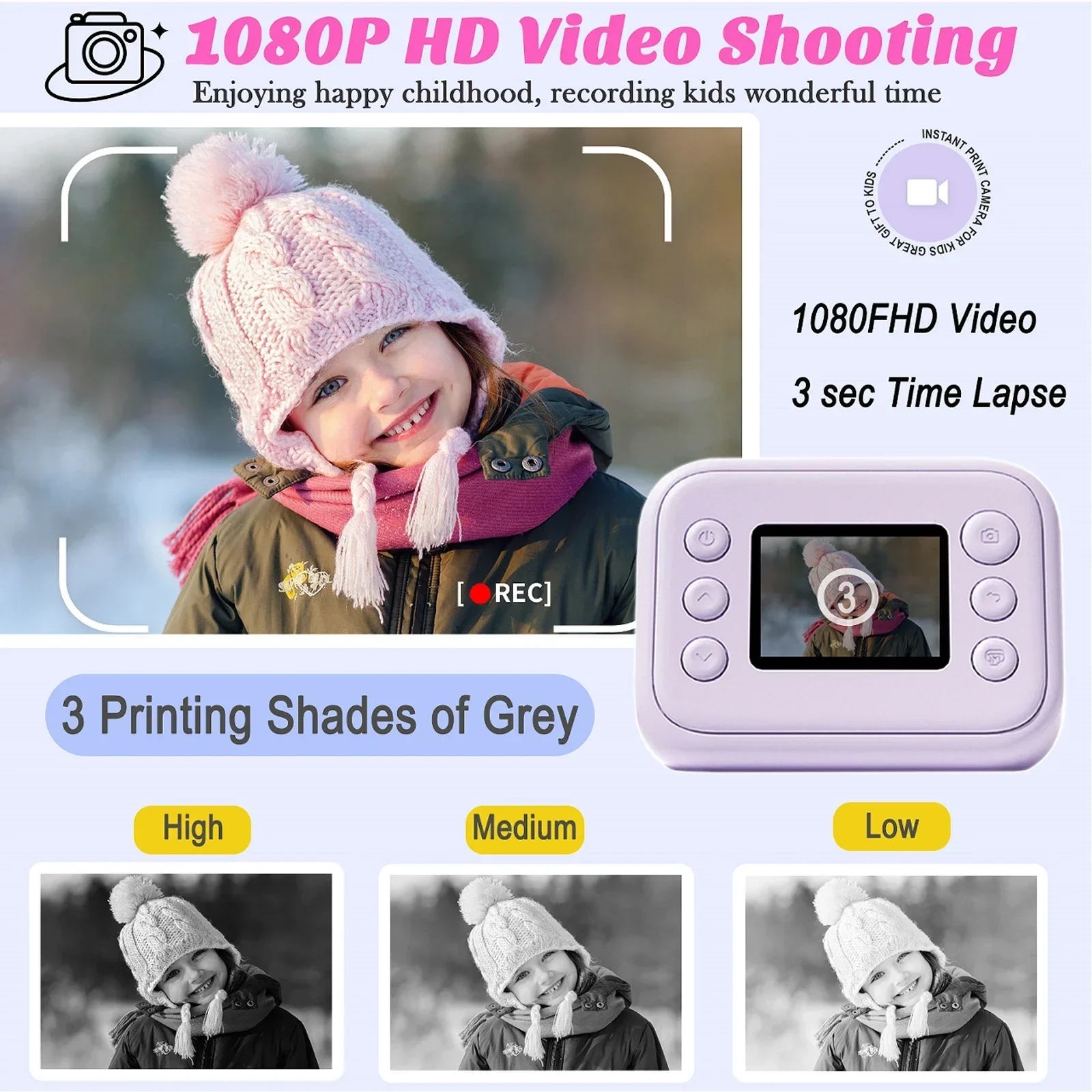 Instant Print Camera for Kids 2.0 Inch Screen Kids Instant Cameras Christmas Birthday Gifts for Girls