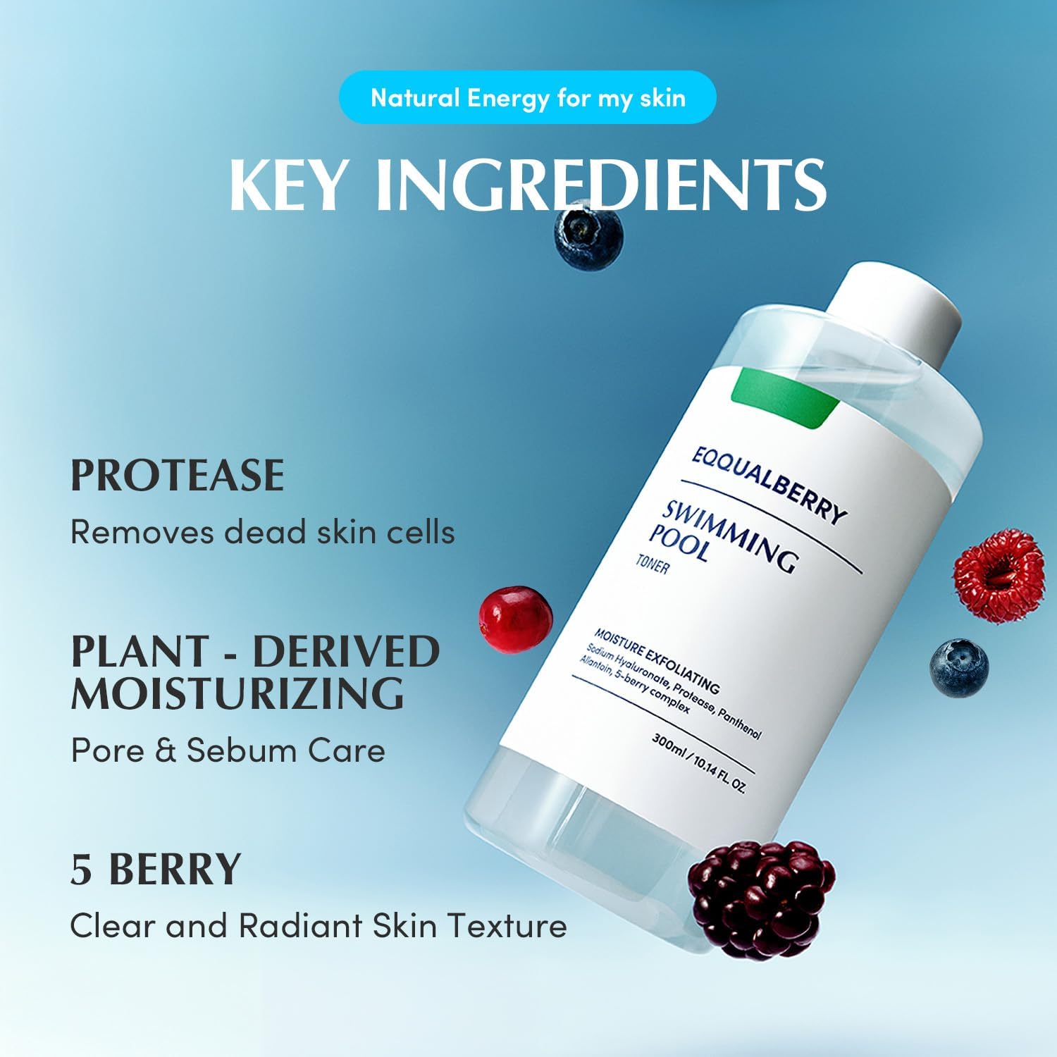 EQQUALBERRY Swimming Pool Toner Korean Toner For Daily Moisture Exfoliating Deep Hydration With Natural Enzyme Protease Hyaluronic Acid For Sensitive Skin 300ml
