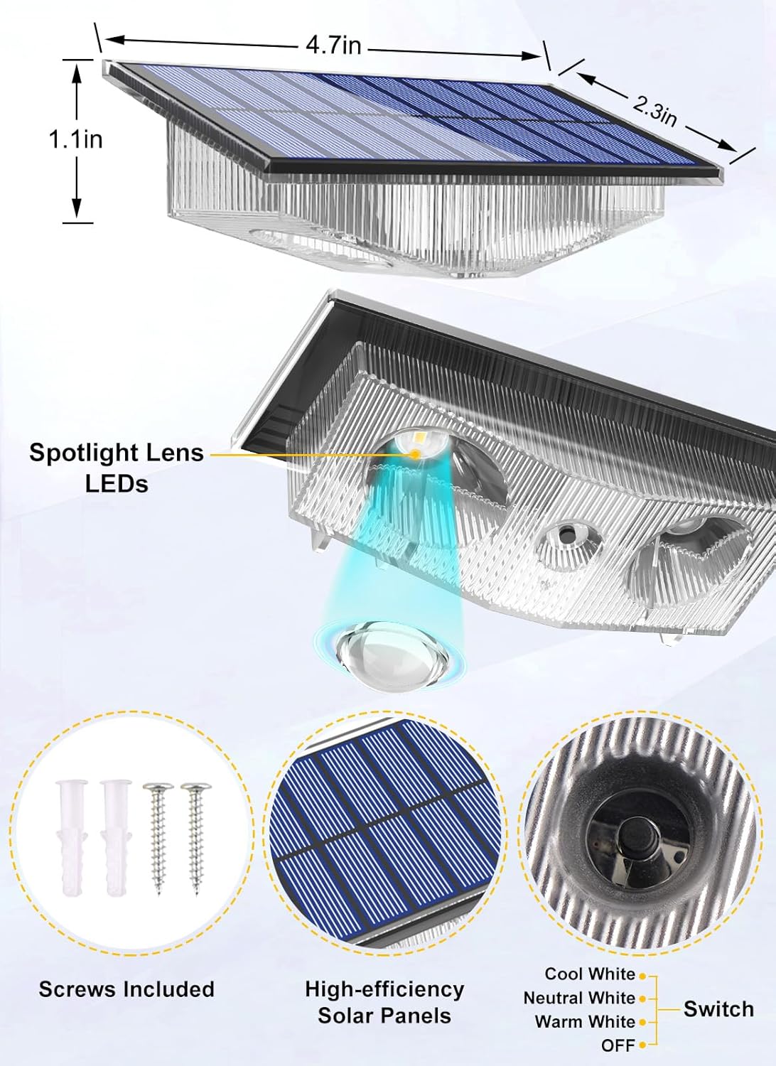 (Warm White) Solar Fence Lights Outdoor Garden Solar Wall Lights 3 Mode Dusk Till Dawn Outdoor Lights for Patio Backyard Porch Pool Decorations 4Packs