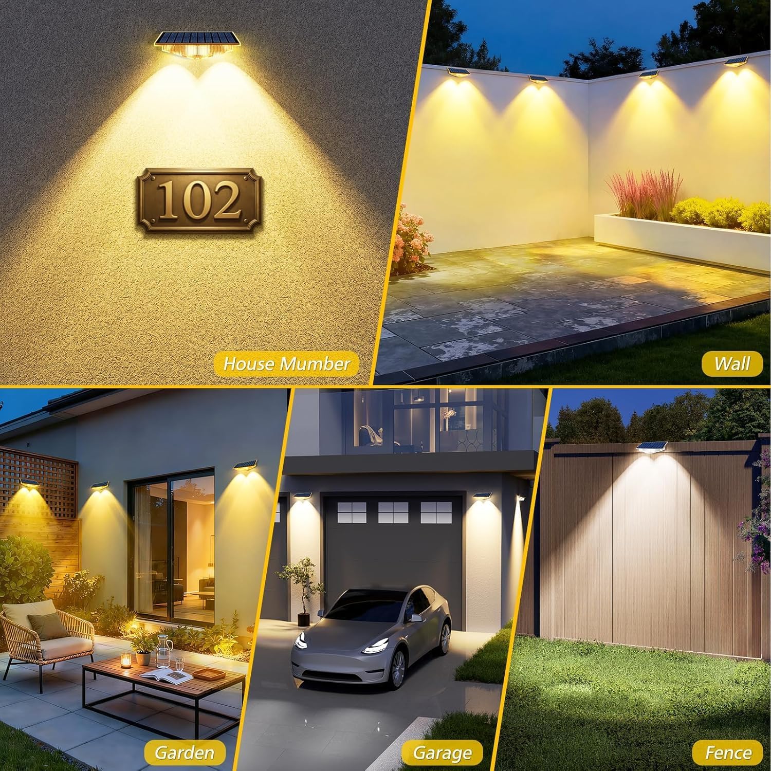 (Warm White) Solar Fence Lights Outdoor Garden Solar Wall Lights 3 Mode Dusk Till Dawn Outdoor Lights for Patio Backyard Porch Pool Decorations 4Packs