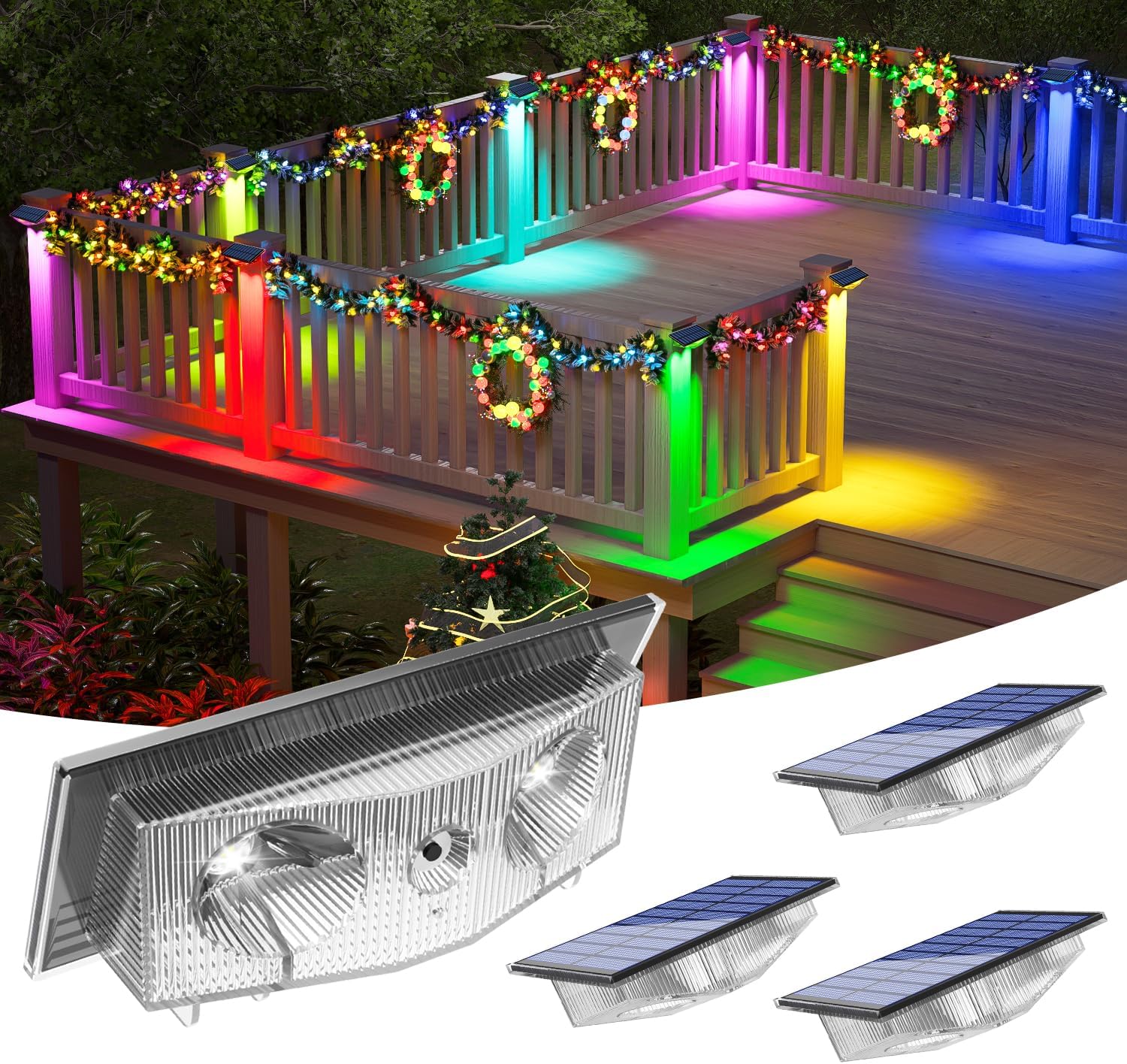 (Warm White) Solar Fence Lights Outdoor Garden Solar Wall Lights 3 Mode Dusk Till Dawn Outdoor Lights for Patio Backyard Porch Pool Decorations 4Packs