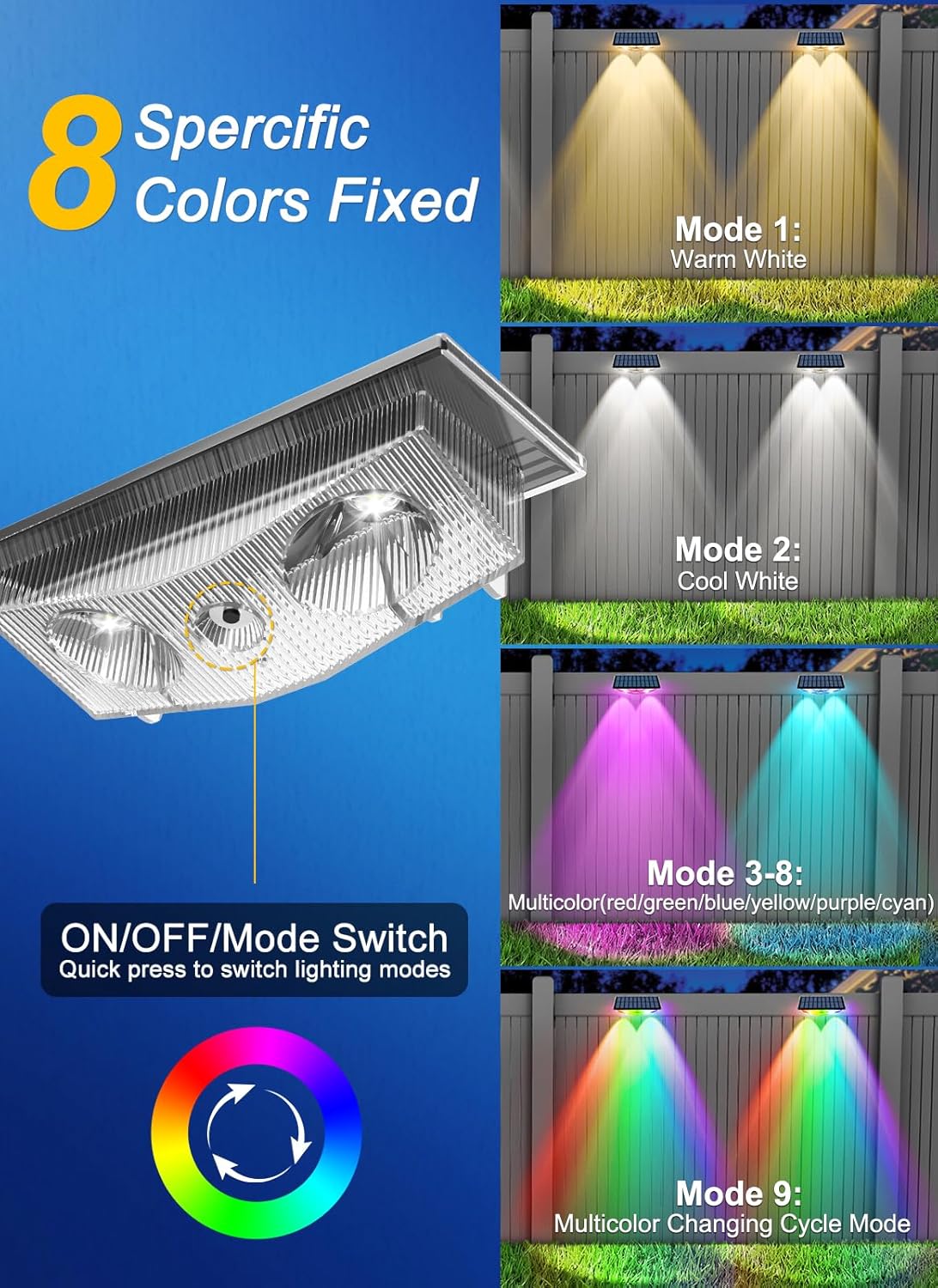 (Warm White) Solar Fence Lights Outdoor Garden Solar Wall Lights 3 Mode Dusk Till Dawn Outdoor Lights for Patio Backyard Porch Pool Decorations 4Packs