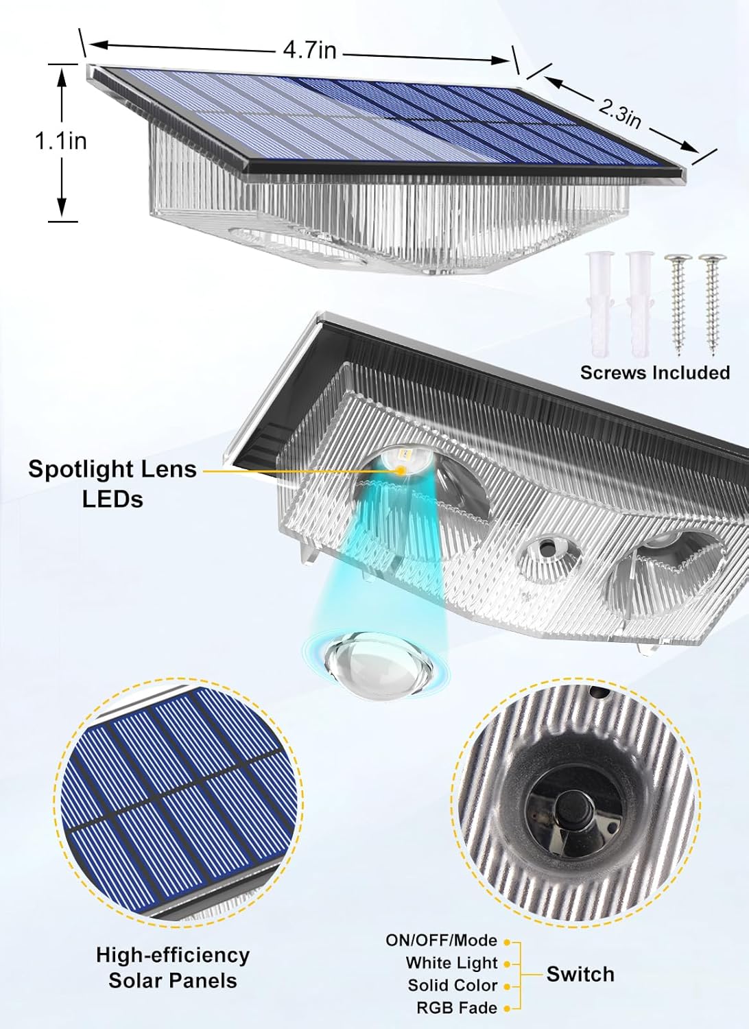 (Warm White) Solar Fence Lights Outdoor Garden Solar Wall Lights 3 Mode Dusk Till Dawn Outdoor Lights for Patio Backyard Porch Pool Decorations 4Packs