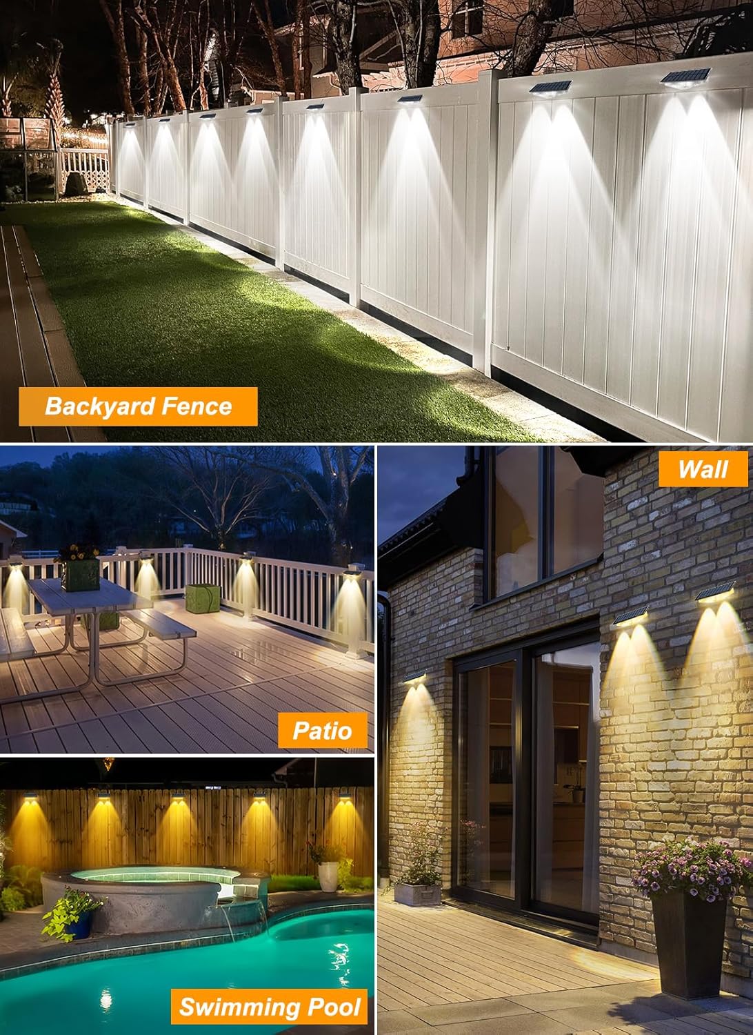 (Warm White) Solar Fence Lights Outdoor Garden Solar Wall Lights 3 Mode Dusk Till Dawn Outdoor Lights for Patio Backyard Porch Pool Decorations 4Packs