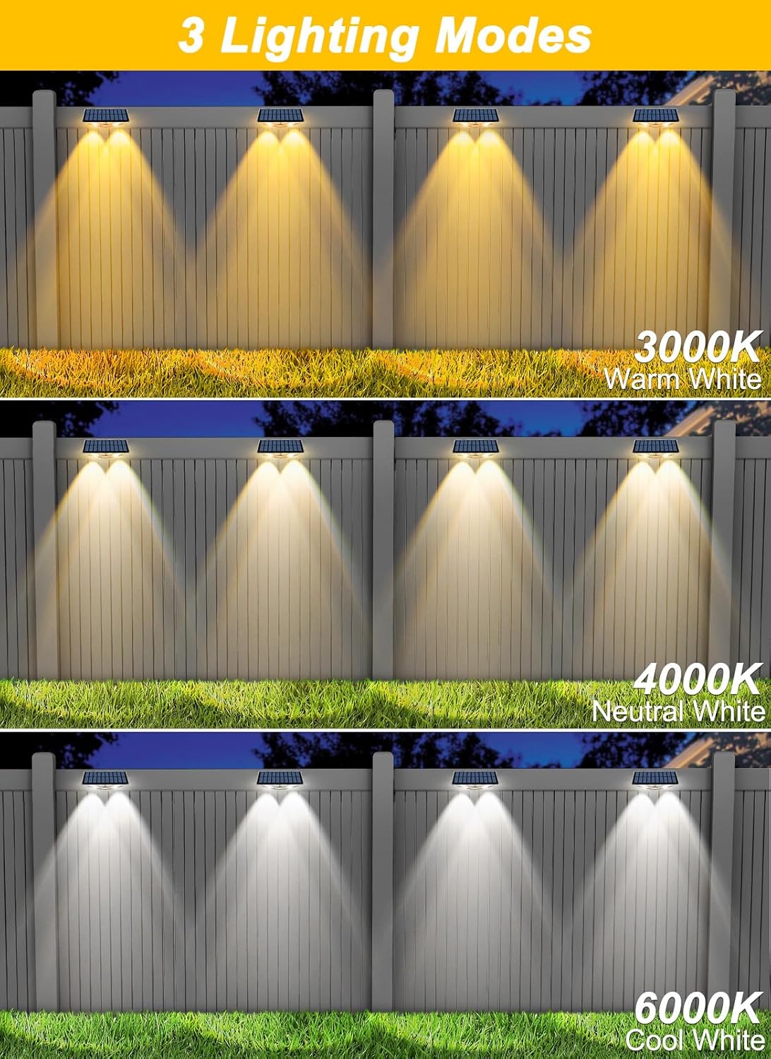 (Warm White) Solar Fence Lights Outdoor Garden Solar Wall Lights 3 Mode Dusk Till Dawn Outdoor Lights for Patio Backyard Porch Pool Decorations 4Packs
