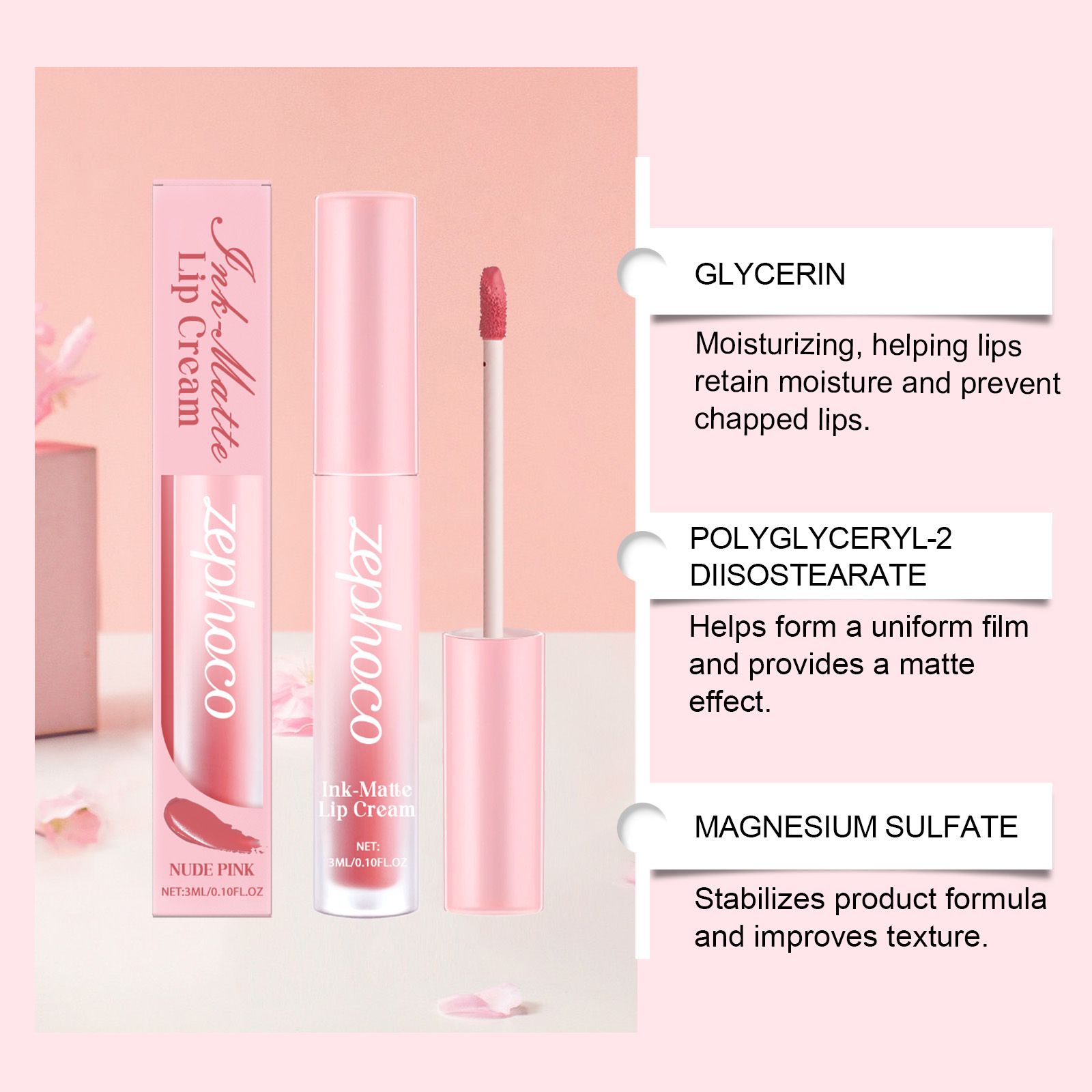 Nude Pink Matte Lip Gloss Moisturizing Long Lasting Easy Color For Daily Lip Makeup