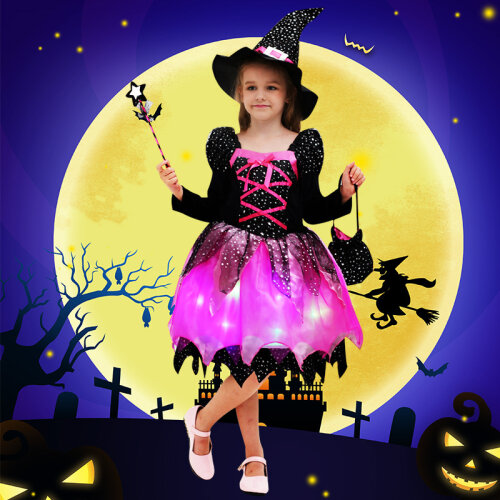 (100cm) Witch Costume Light up Girls Set Witch Costume for Girls Halloween Costume Hat Magic Deluxe Fancy Dress Outfit for Kids Role Play Party