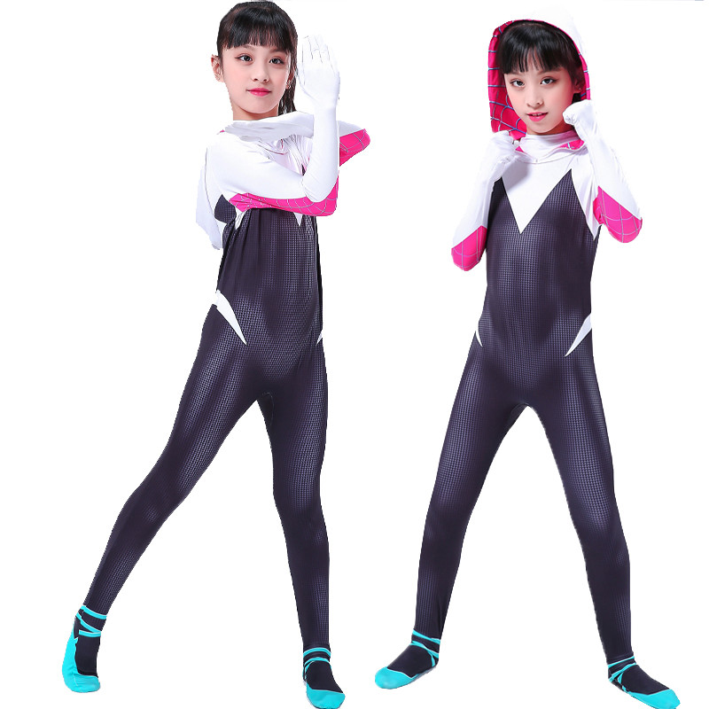 (M) Spiderman Costume Gwen Cosplay 3D Style for Girls Superhero Bodysuit Kids Halloween Carnival Fancy Dress Children Cosplay Jumpsuit