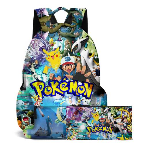 (Pokémon Backpack 2PCS Set 08) Pokémon Pikachu Backpack Lunch Bag Pencil Case Set Kids Gift Kids School Bag Boys Girls Teens Pikachu Eevee Pokeball