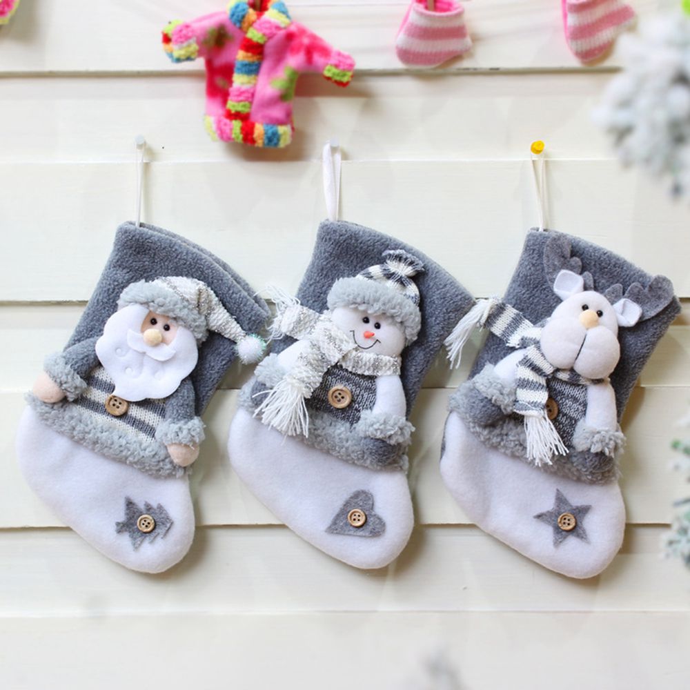(1PCS Santa Claus) 3PCS Christmas Stocking Embroidered Santa White Grey Xmas Family Kids Christmas Socks Christmas Decorations for Home Noel Decor Navidad New Year