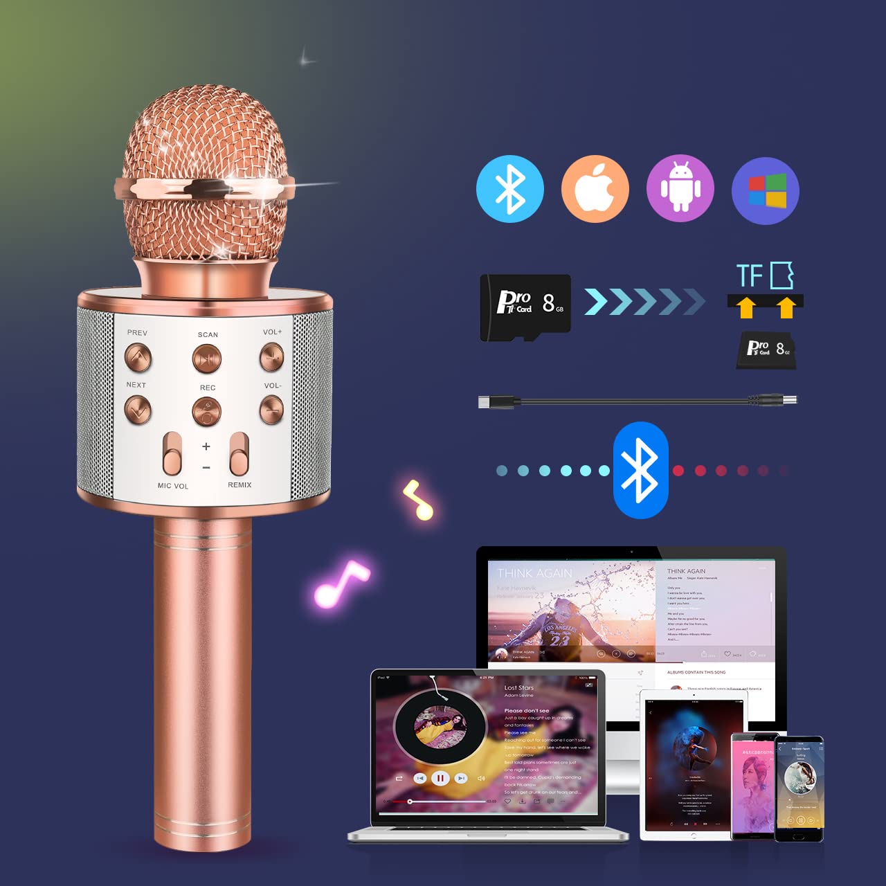(Pink) Kids Microphone Handheld Bluetooth Wireless Karaoke KTV Party Music Singing Microphone Girls Boys Toys Gifts Microphone for Kids Birthday Present