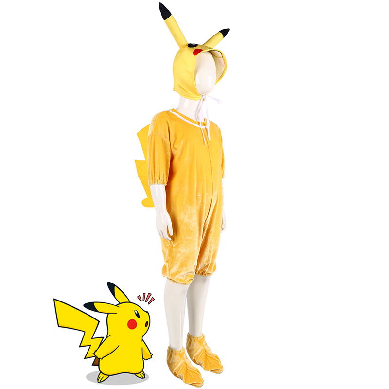 (Size 100) Pikachu Kids Costume Pokemon Dress Up  Yellow Plush Pokemon Jumpsuit Halloween Outfit for Boys Girls for Halloween Birthday Parties Cosplay