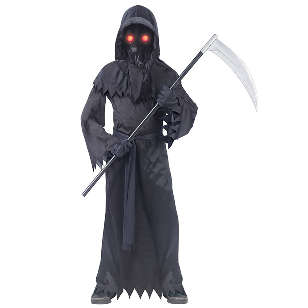 (M 130cm~140cm) Grim Reaper Costume Set with Halloween Hooded Cape Skeleton Gloves Skull Face Mask for Kids Boys Halloween Death Party Dress Vampire Cosplay Costume Outfit Black