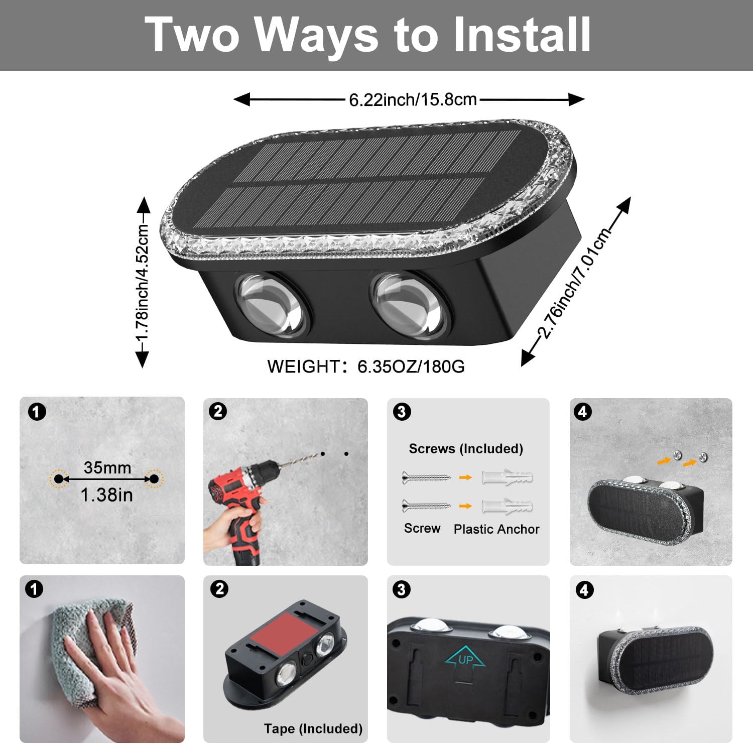 (4 PCS) Solar Fence Lights Outdoor Solar Up and Down Wall Lights with Dual LEDs IP65 Waterproof & 3 Colour Modes with Crystal Cut Design Garden Patio Pathway Decoration