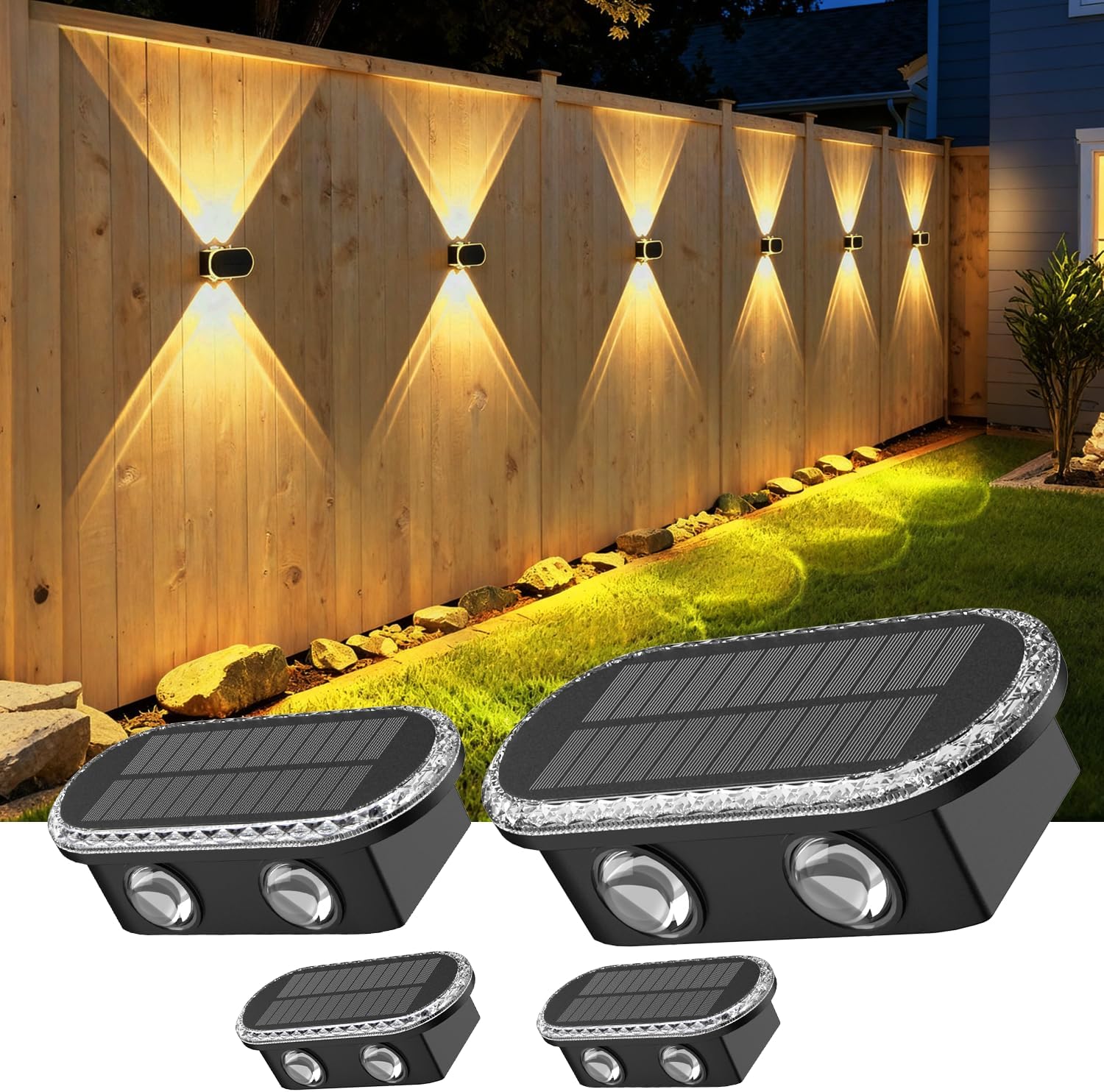 (4 PCS) Solar Fence Lights Outdoor Solar Up and Down Wall Lights with Dual LEDs IP65 Waterproof & 3 Colour Modes with Crystal Cut Design Garden Patio Pathway Decoration