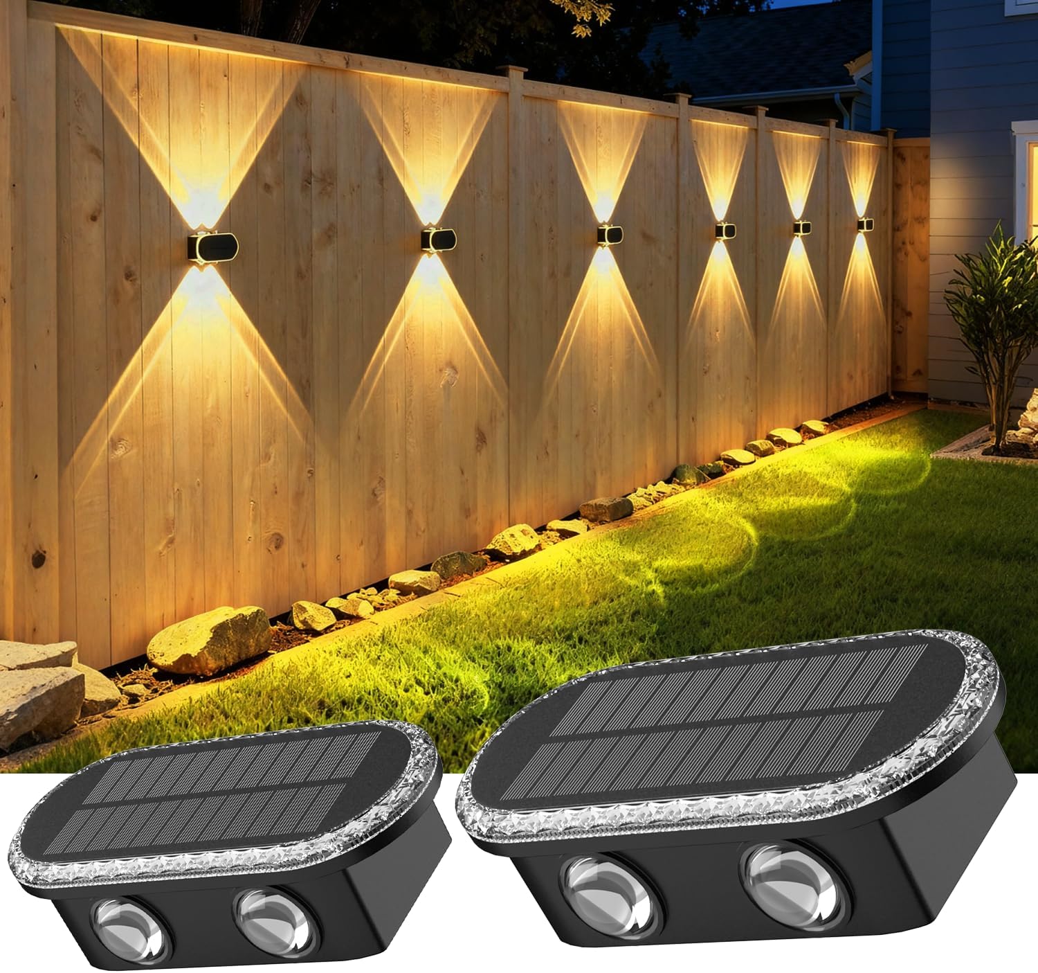 (4 PCS) Solar Fence Lights Outdoor Solar Up and Down Wall Lights with Dual LEDs IP65 Waterproof & 3 Colour Modes with Crystal Cut Design Garden Patio Pathway Decoration