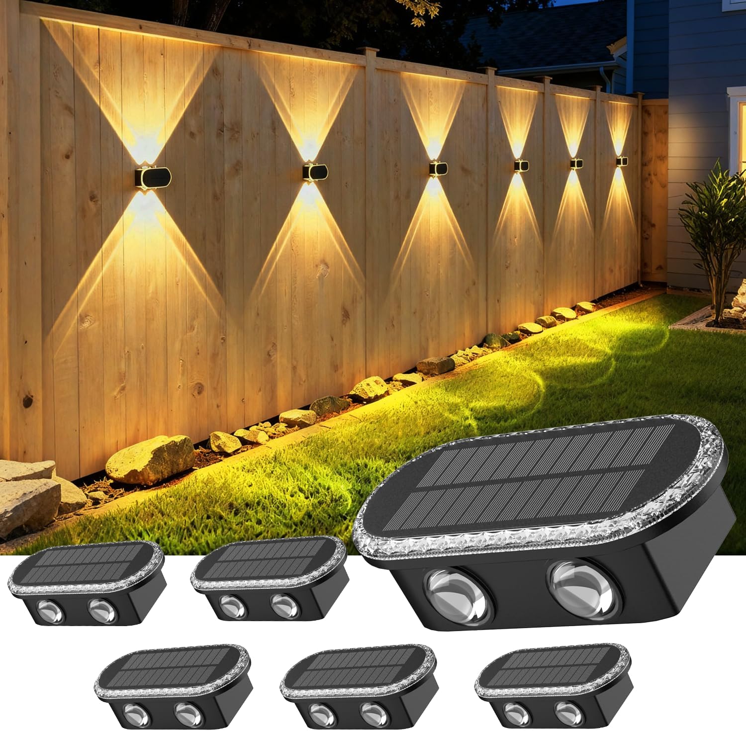 (4 PCS) Solar Fence Lights Outdoor Solar Up and Down Wall Lights with Dual LEDs IP65 Waterproof & 3 Colour Modes with Crystal Cut Design Garden Patio Pathway Decoration