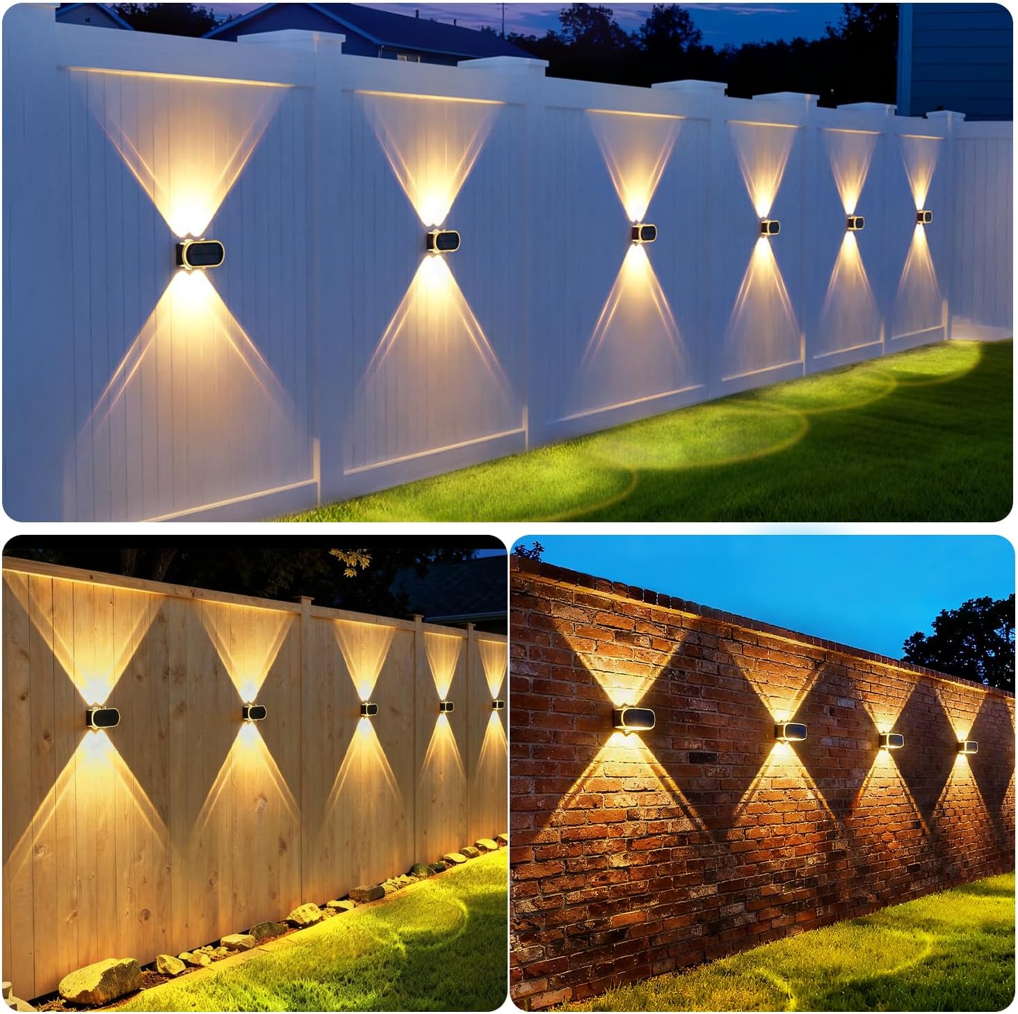 (4 PCS) Solar Fence Lights Outdoor Solar Up and Down Wall Lights with Dual LEDs IP65 Waterproof & 3 Colour Modes with Crystal Cut Design Garden Patio Pathway Decoration