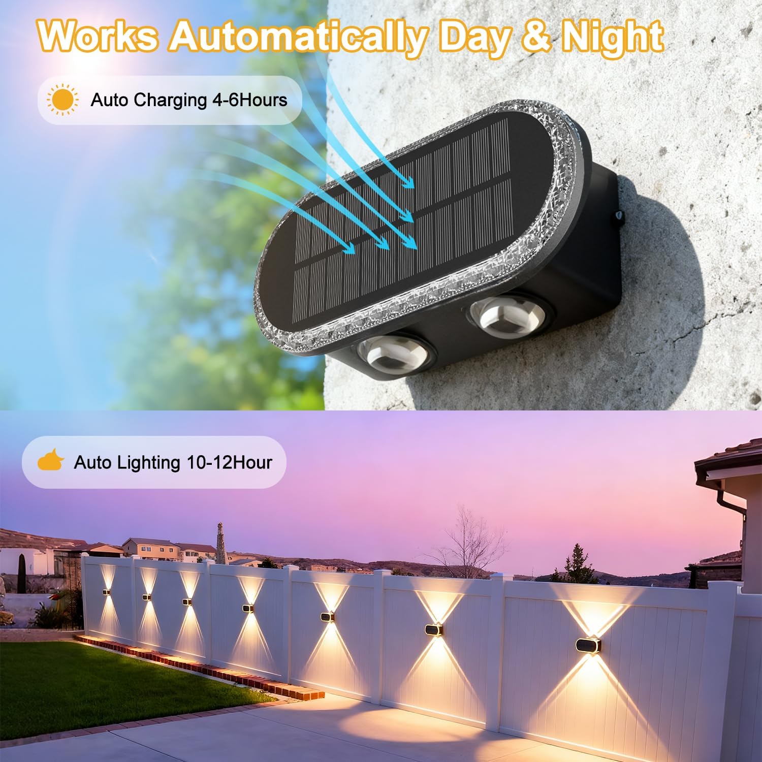 (4 PCS) Solar Fence Lights Outdoor Solar Up and Down Wall Lights with Dual LEDs IP65 Waterproof & 3 Colour Modes with Crystal Cut Design Garden Patio Pathway Decoration