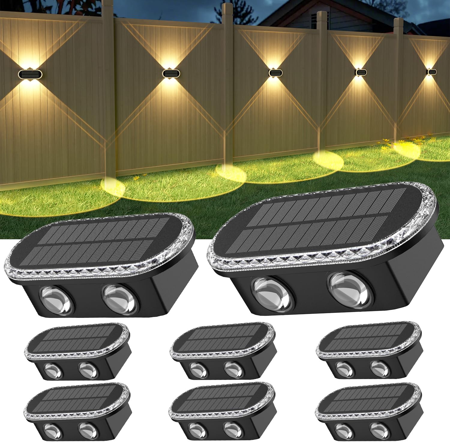 (4 PCS) Solar Fence Lights Outdoor Solar Up and Down Wall Lights with Dual LEDs IP65 Waterproof & 3 Colour Modes with Crystal Cut Design Garden Patio Pathway Decoration