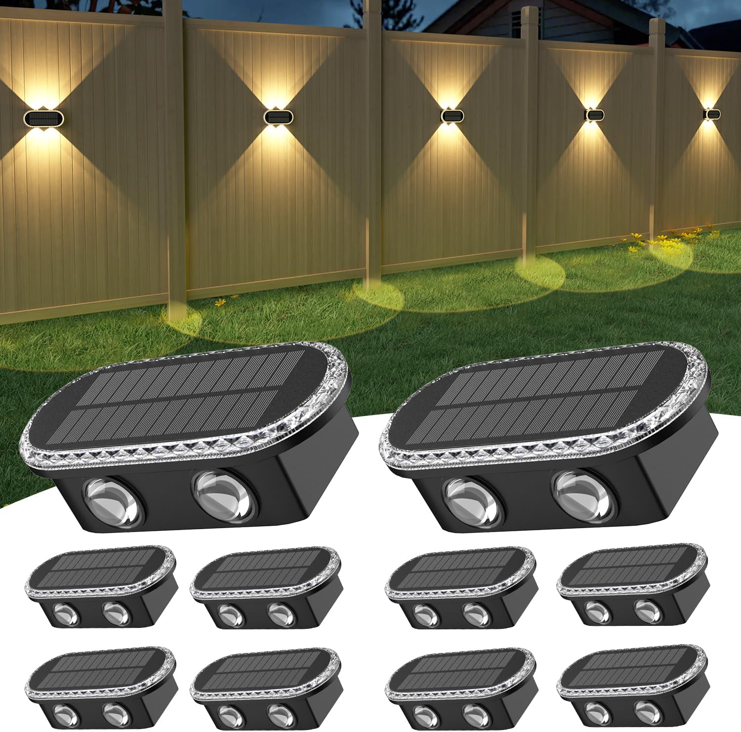 (4 PCS) Solar Fence Lights Outdoor Solar Up and Down Wall Lights with Dual LEDs IP65 Waterproof & 3 Colour Modes with Crystal Cut Design Garden Patio Pathway Decoration