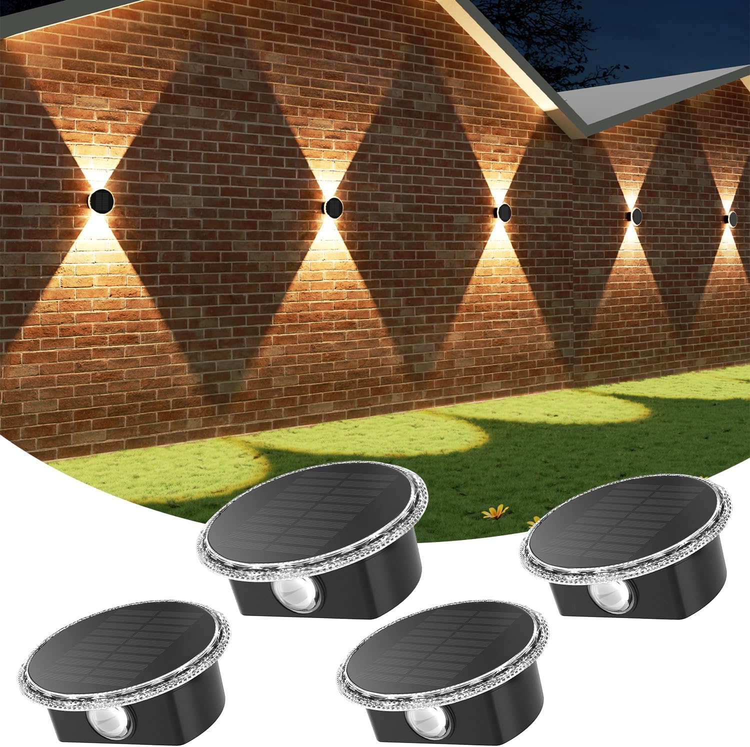 (6 PCS) Solar Lights Outdoor Garden Round Solar Wall Lights with Up and Down Lighting IP65 Waterproof 3 Colour Modes for Fence Patio Backyard Pathway Decorations
